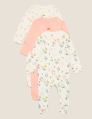 3pk Organic Cotton Print Sleepsuits