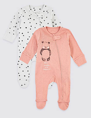 2 Pack Pure Cotton Panda & Spot Print Sleepsuits