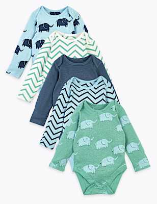 5 Pack Organic Cotton Elephant Bodysuits (6&frac12;lbs-3 Yrs)