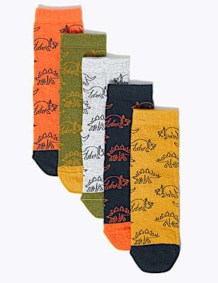 5 Pack Cotton Rich Dinosaur Print Socks