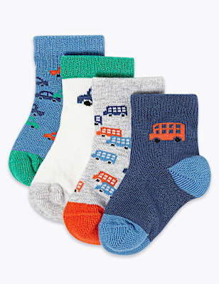 4pk Cotton Rich Transport Baby Socks (0-24 Mths)