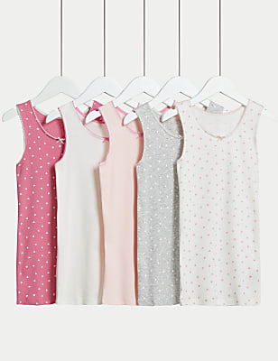 5 Pack Pure Cotton Heart & Plain Vests (2-14 Yrs)