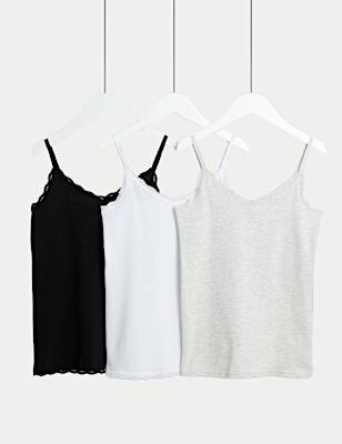 3pk Cotton with Stretch Lace Trim Cami Tops (5-14 Yrs)