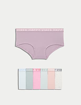 7pk Cotton with Stretch Slogan Waistband Shorts (5-16 Yrs)