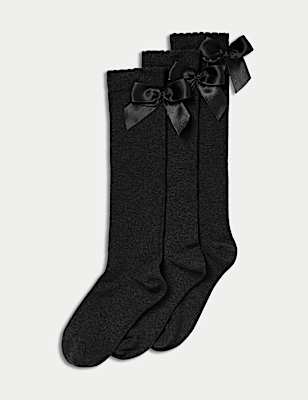 3p Cotton Rich Picot Knee High Bow Socks (6-8&frac12; Small - 4-7 Large)