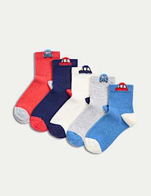 5pk Cotton Rich Car Ribbed Socks (6 Small - 7 Large)