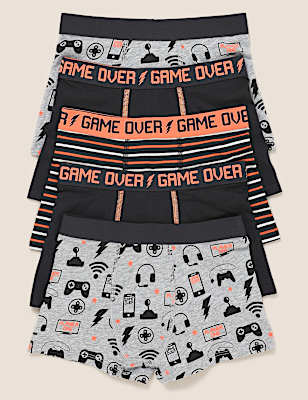 5pk Cotton Rich with Stretch Game Print Trunks (2-16 Yrs)