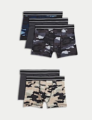 5pk Cotton with Stretch Camo Trunks (5-16 Yrs)