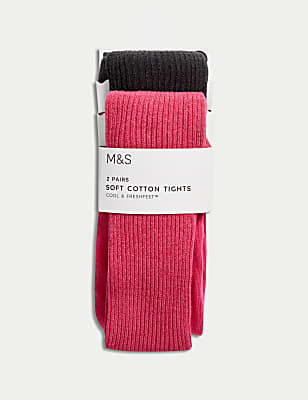 2pk Cotton Rich Ribbed Glitter Tights (2-14 Yrs)