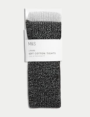 2pk Cotton Rich Ribbed Glitter Tights (2-14 Yrs)