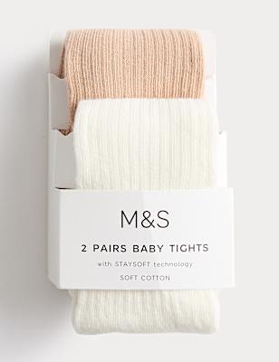 2pk Cotton Rich Ribbed Tights (0-3 Yrs)