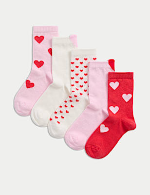5pk Cotton Rich Ankle Ribbed Heart Socks (6 Small-7 Large)