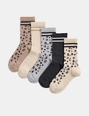 5pk Cotton Rich Leopard Print Socks (6 Small - 7 Large)