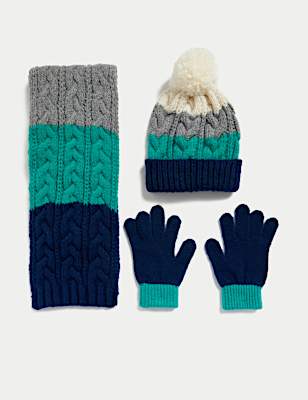 Kids' Colour Block Hat, Scarf and Glove Set (6-13 Yrs)