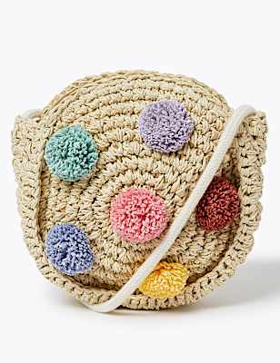 Kids' Straw Pom Pom Cross Body Bag