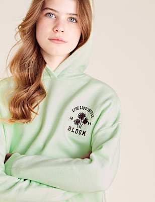 Cotton Flower Embroidered Slogan Hoodie (6-14 Yrs)