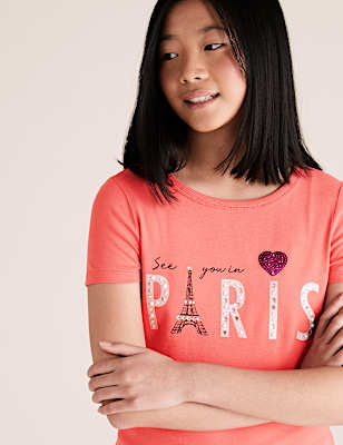 Pure Cotton Paris Slogan T-Shirt (6-16 Yrs)