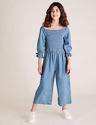 Denim Shirred Jumpsuit