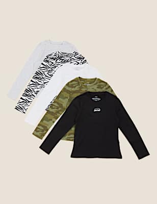 5pk Pure Cotton Patterned Tops (6-16 Yrs)