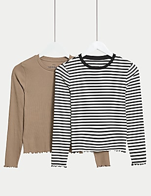 2pk Cotton Rich Striped & Plain Ribbed Tops (6-16 Yrs)