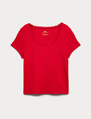 Cotton Rich Lace Trim Fitted Crop T-Shirt (6-16 Yrs)