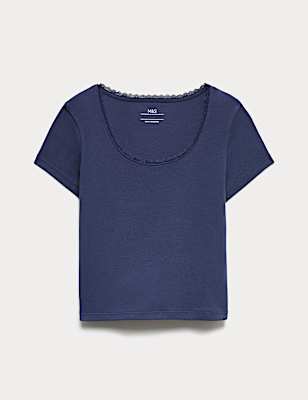 Cotton Rich Lace Trim Fitted Crop T-Shirt (6-16 Yrs)