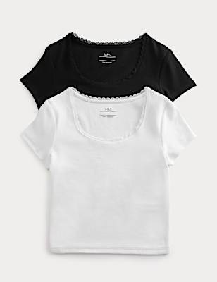 2pk Cotton Rich Lace Trim Baby T-Shirts (6-16 Yrs)
