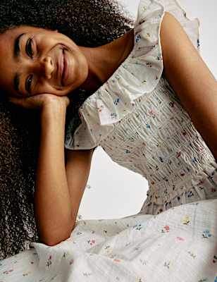 Pure Cotton Shirred Floral Print Dress (6-16 Yrs)