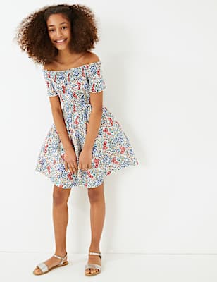 Pure Cotton Floral Shirred Bardot Dress (6-16 Yrs)