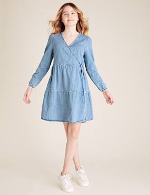 Denim Tiered Wrap Dress (6-14 Yrs)