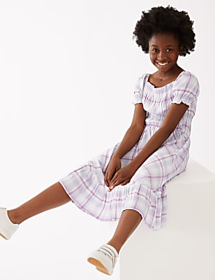 Checked Shirred Midi Dress (6-16 Yrs)