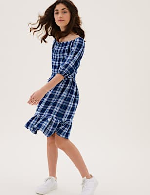 Checked Shirred Dress (6-16 Yrs)