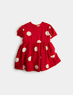 Short Sleeve Spotted Round Neck Dress (2-8 Yrs)