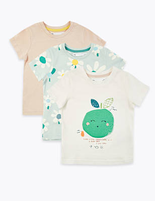 3 Pack Floral & Apple Print T-Shirts (2-7 Years)