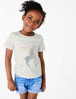 Cotton 'Team Unicorn' Sequin Slogan T-Shirt (2-7 Yrs)