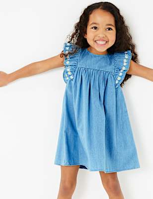 Chambray Embroidered Dress (2-7 Yrs)