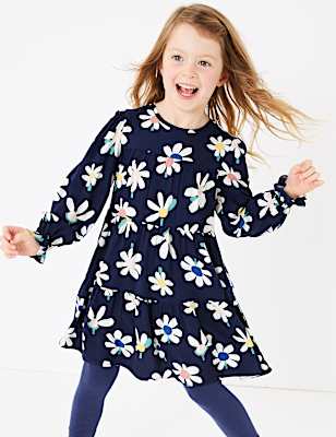 Daisy Print Tiered Long Sleeve Dress (2-7 Yrs)