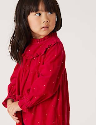 Pure Cotton Cord Spot Dress and Tights (2-7 Yrs)
