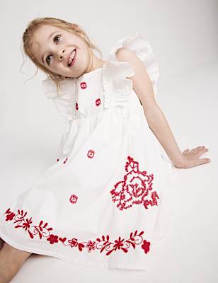 Pure Cotton Embroidered Ruffle Sleeve Dress (2-10 Yrs)