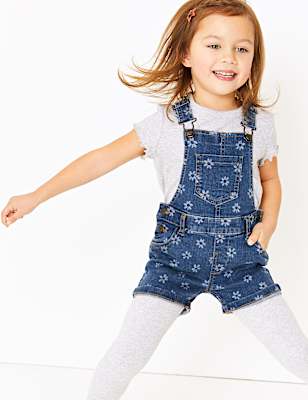 Laser Flower Print Short Dungarees (2-7 Years)