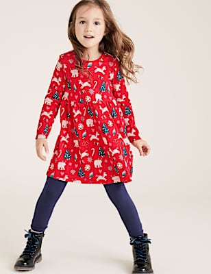 Pure Cotton Christmas Print Dress (2-7 Yrs)