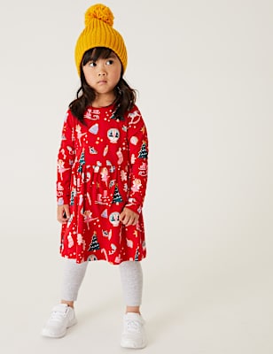 Pure Cotton Christmas Print Dress (2-7 Yrs)