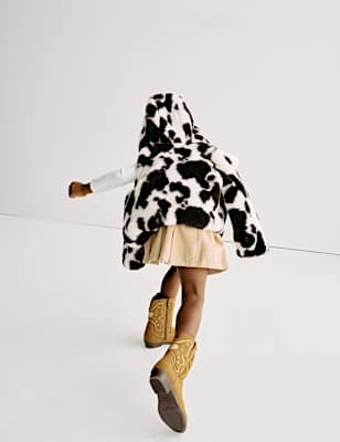 Faux Fur Cow Print Hooded Jacket (2-8 Yrs)