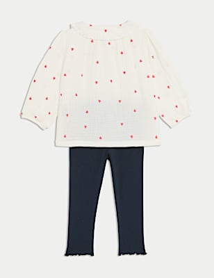 2pc Cotton Rich Heart Embroidered Outfit (0-3 Yrs)