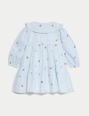 Pure Cotton Striped Cherry Embroidery Dress (0-6 Yrs)