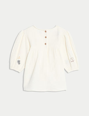 Pure Cotton Embroidered Puff Sleeve Dress (0-6 Yrs)