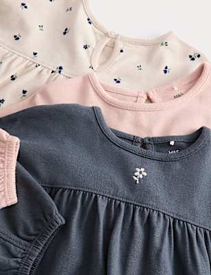 3pk Pure Cotton Ditsy Floral & Plain Tops (0-3 Yrs)