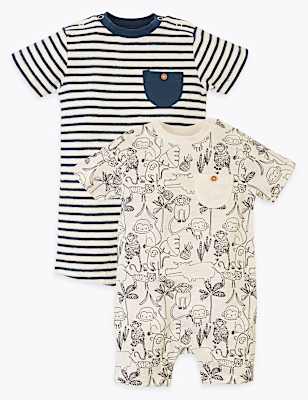 2 Pack Pure Cotton Patterned Rompers (0-3 Yrs)