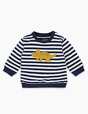 Cotton Dinosaur Appliqu&eacute; Striped Sweatshirt