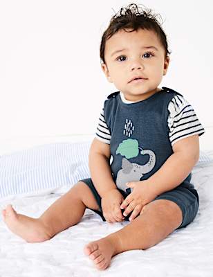 2 Piece Cotton Elephant Dungarees Outfit (7 lbs-12 Mths)